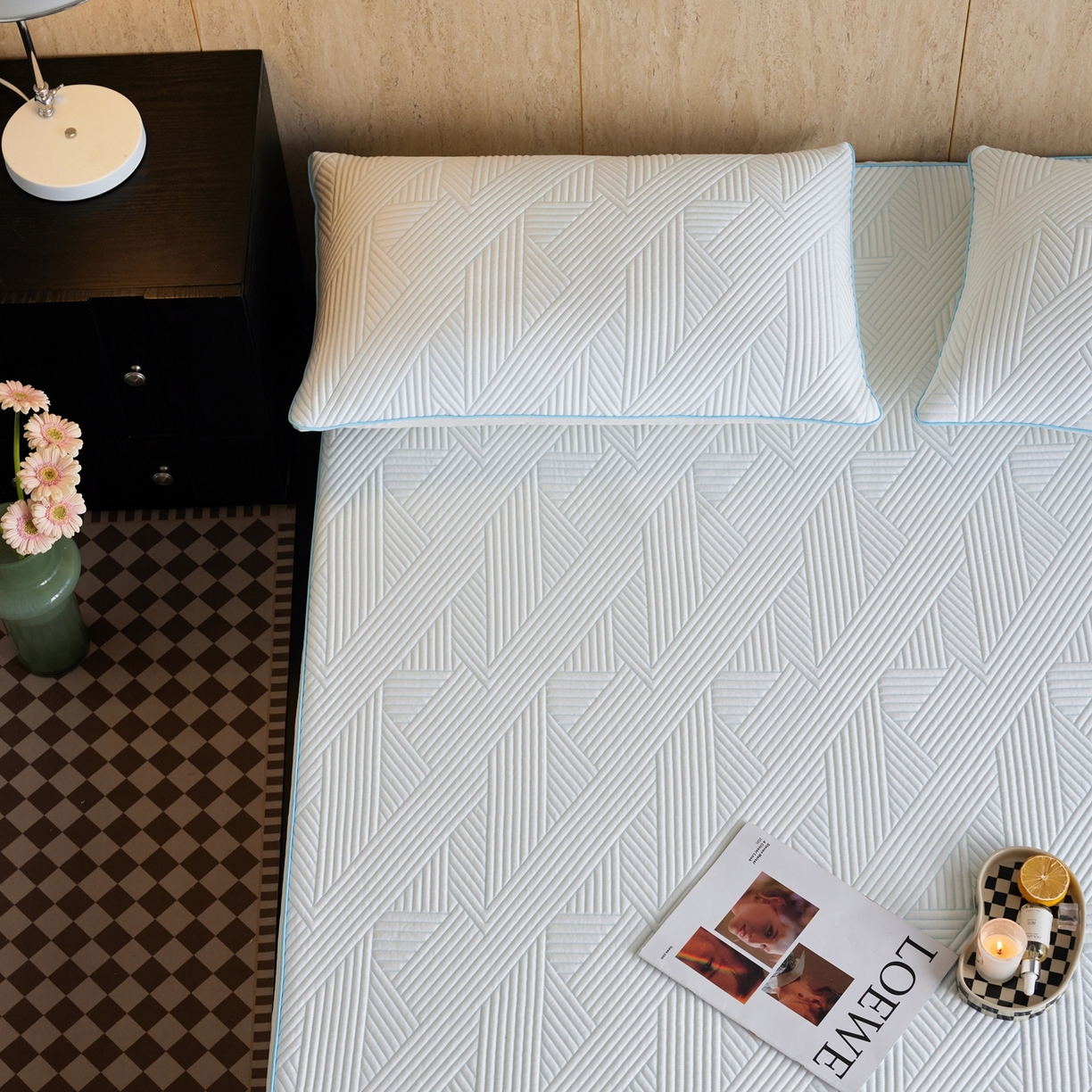 91家纺网 家纺一手货源 找家纺 安莱生活 2026新款A类“冰糕”高分子PE550D床笠款（含银丝款）三件套凉席-第一批 斜屿