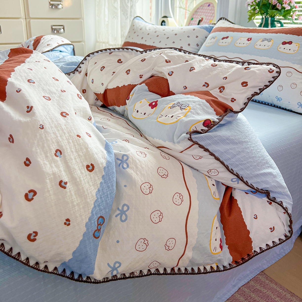 91家纺网 家纺一手货源 找家纺 （总）恒尚居 2026新款泡芙纱四件套贝壳绣边床盖套件单被套床单床笠