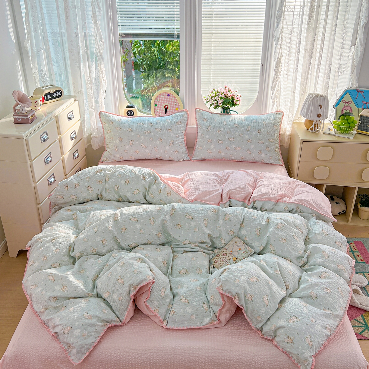 91家纺网 家纺一手货源 找家纺 （总）恒尚居 2026新款泡芙纱四件套贝壳绣边床盖套件单被套床单床笠