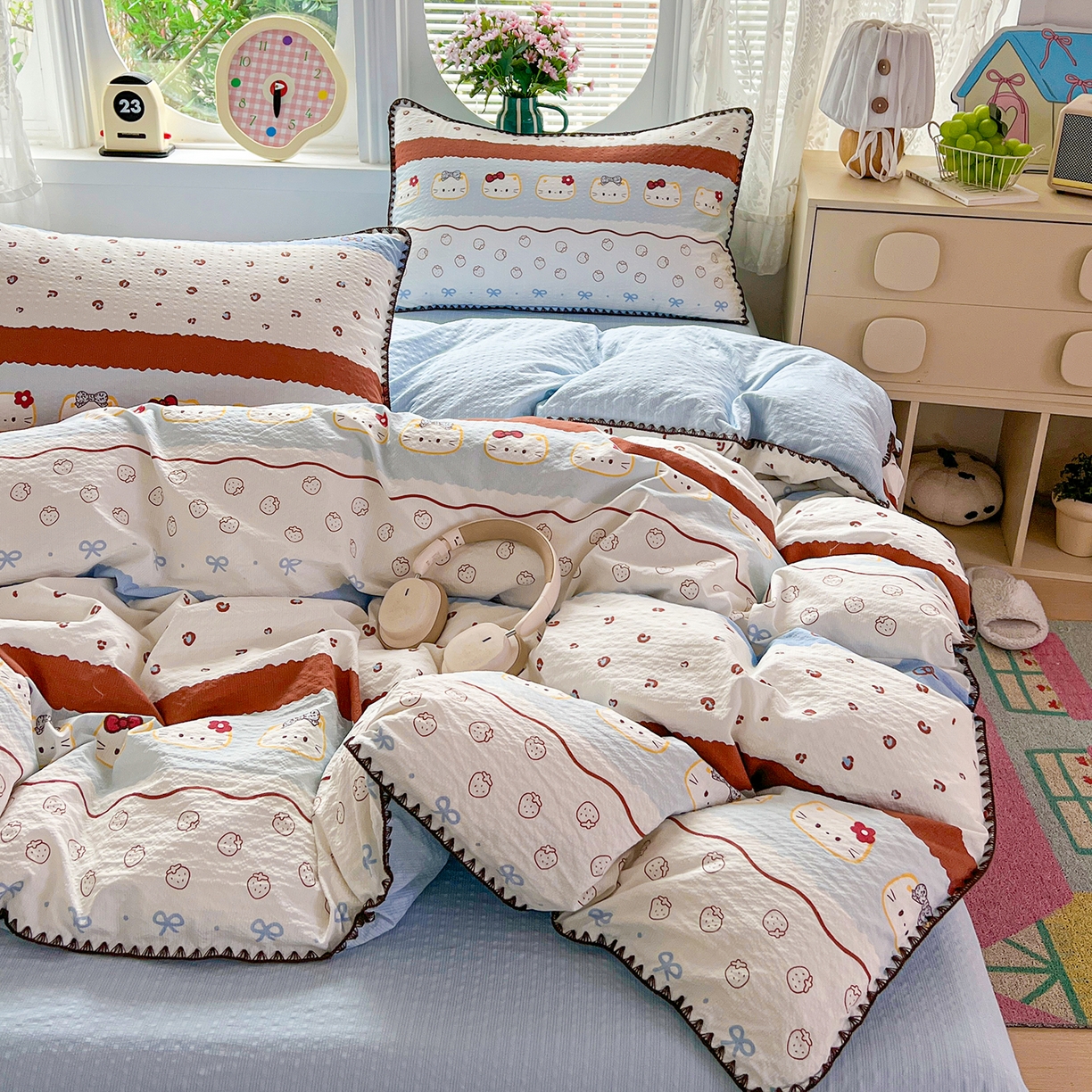 91家纺网 家纺一手货源 找家纺 恒尚居 2026新款泡芙纱四件套贝壳绣边床盖套件单被套床单床笠 【波点奶芙】贝壳边