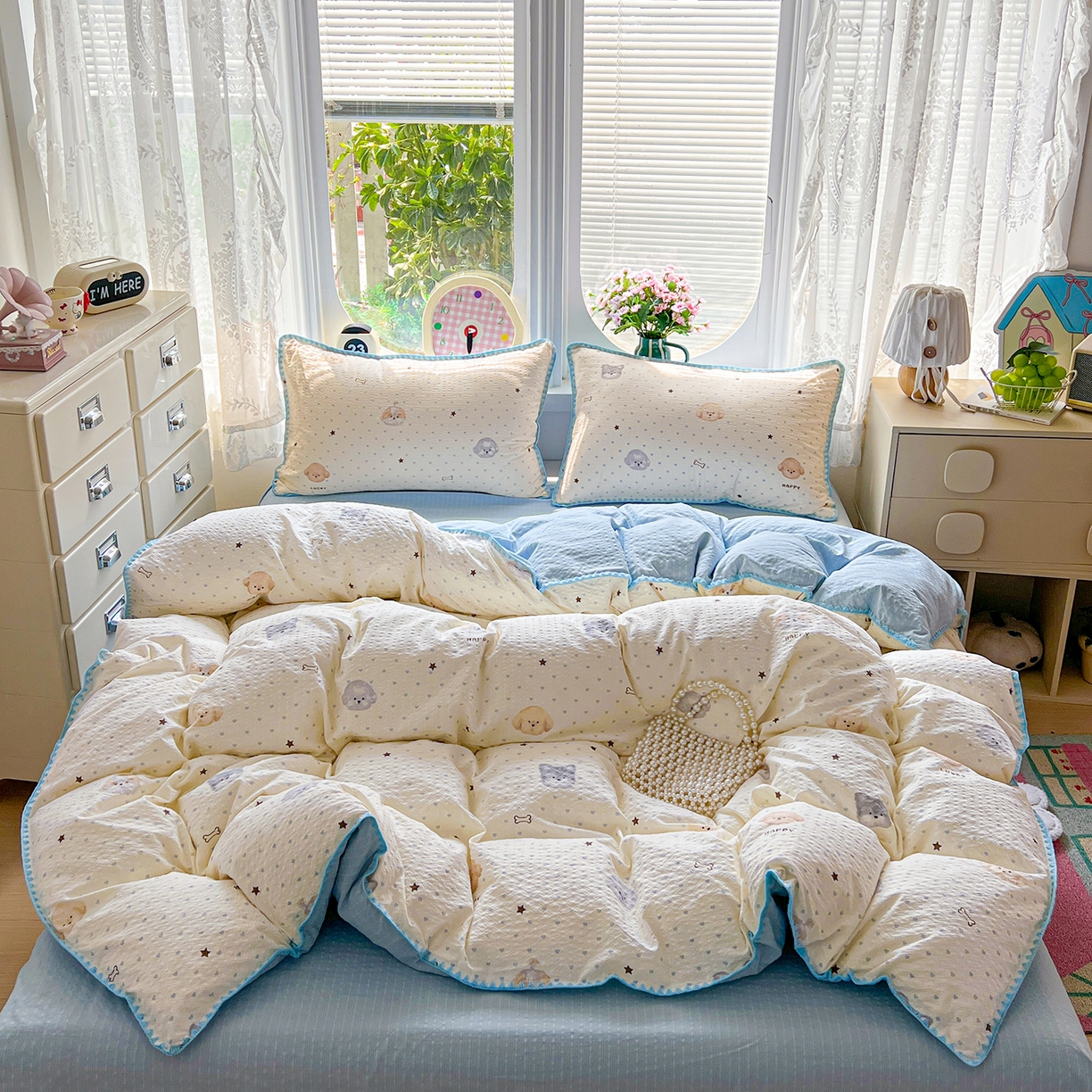 91家纺网 家纺一手货源 找家纺 恒尚居 2026新款泡芙纱四件套贝壳绣边床盖套件单被套床单床笠 【宠物天地】贝壳边