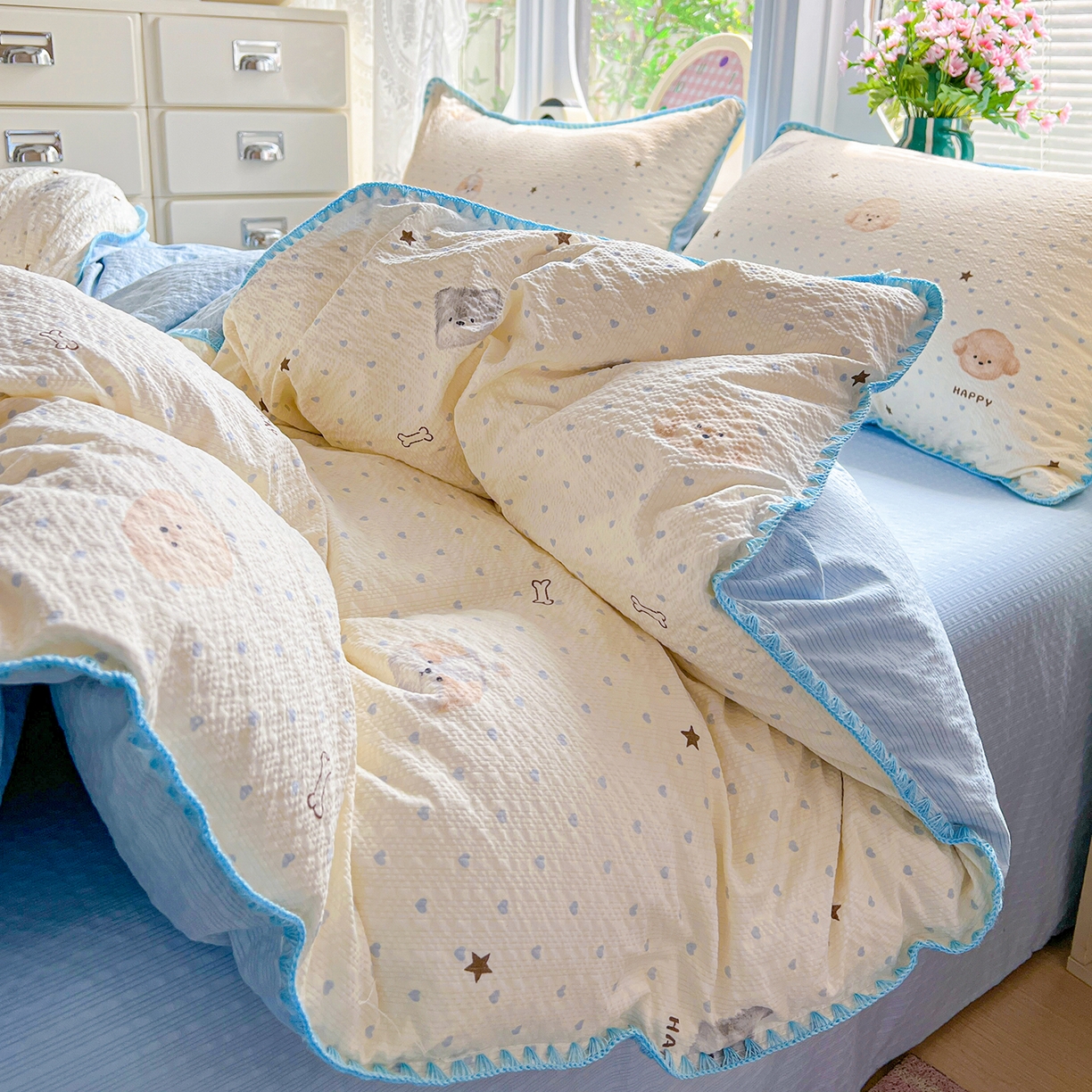 91家纺网 家纺一手货源 找家纺 恒尚居 2026新款泡芙纱四件套贝壳绣边床盖套件单被套床单床笠 【宠物天地】贝壳边