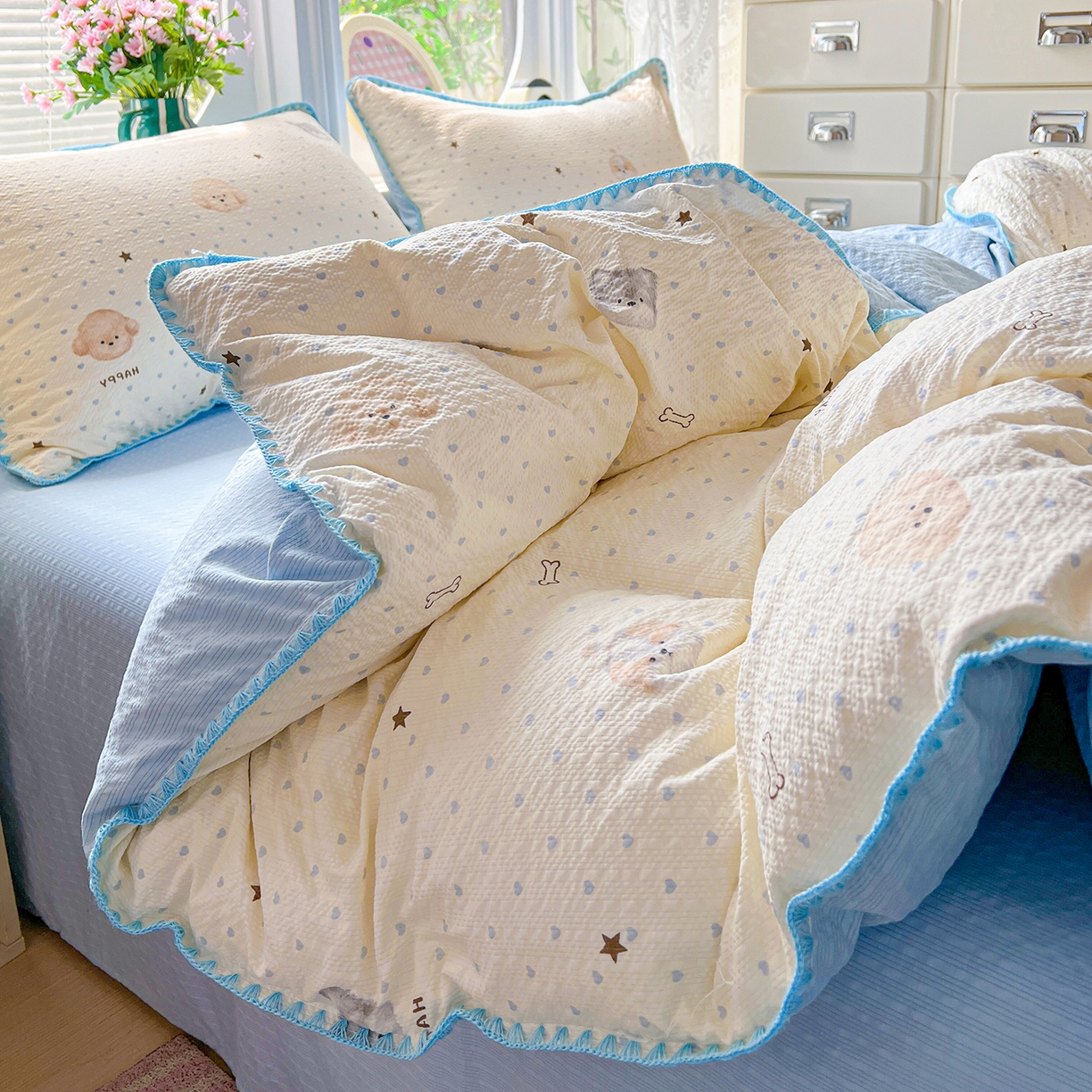 91家纺网 家纺一手货源 找家纺 恒尚居 2026新款泡芙纱四件套贝壳绣边床盖套件单被套床单床笠 【宠物天地】贝壳边