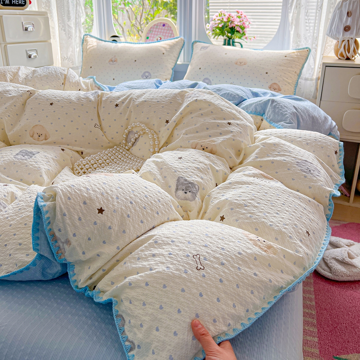 91家纺网 家纺一手货源 找家纺 恒尚居 2026新款泡芙纱四件套贝壳绣边床盖套件单被套床单床笠 【宠物天地】贝壳边