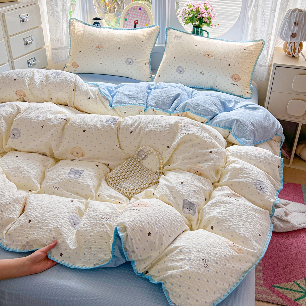 91家纺网 家纺一手货源 找家纺 恒尚居 2026新款泡芙纱四件套贝壳绣边床盖套件单被套床单床笠 【宠物天地】贝壳边