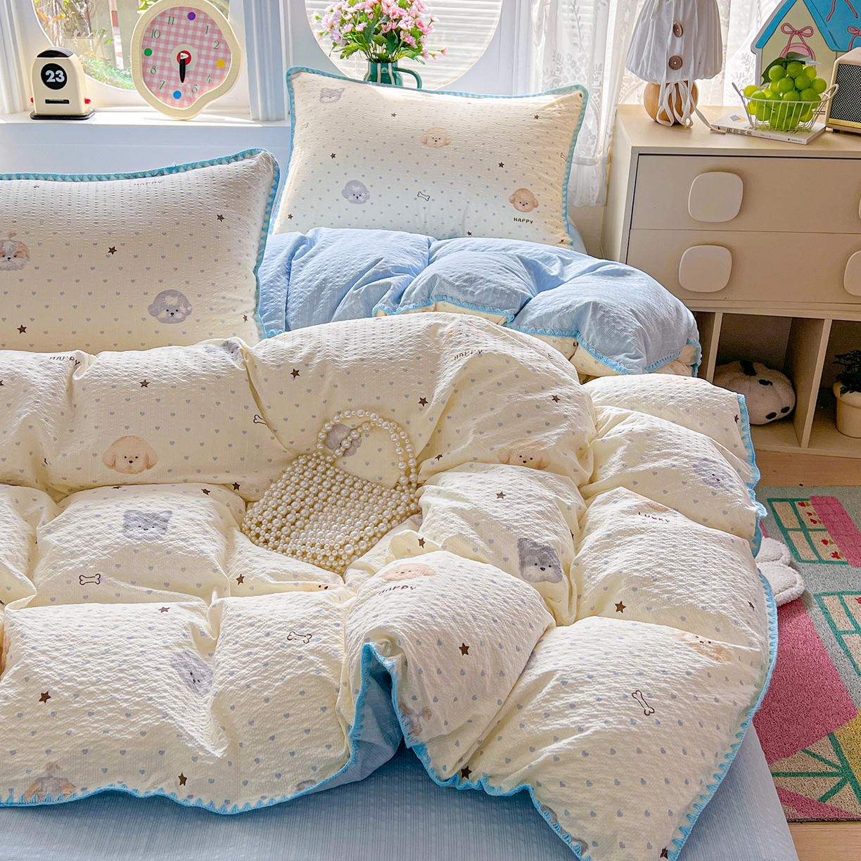 91家纺网 家纺一手货源 找家纺 恒尚居 2026新款泡芙纱四件套贝壳绣边床盖套件单被套床单床笠 【宠物天地】贝壳边