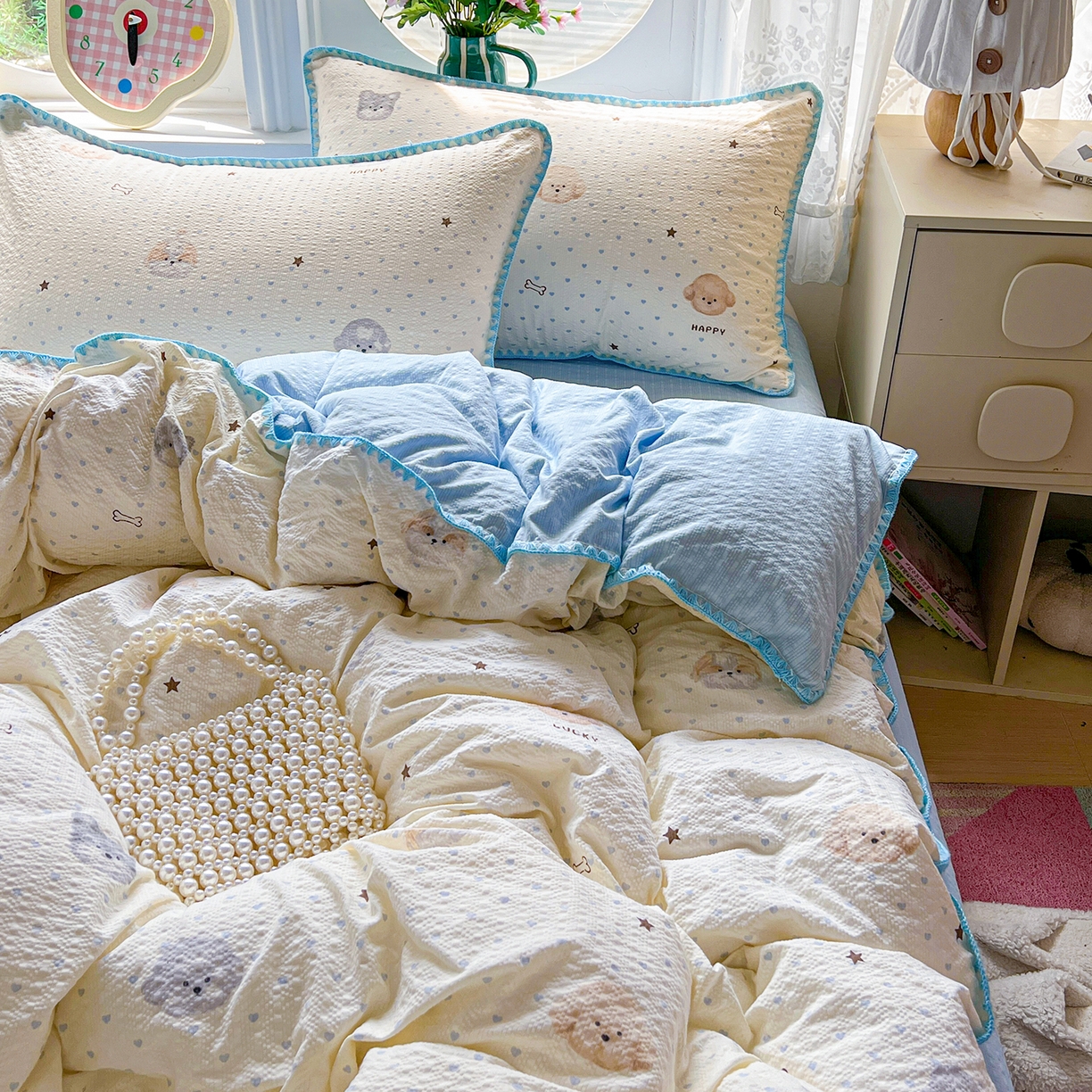 91家纺网 家纺一手货源 找家纺 恒尚居 2026新款泡芙纱四件套贝壳绣边床盖套件单被套床单床笠 【宠物天地】贝壳边