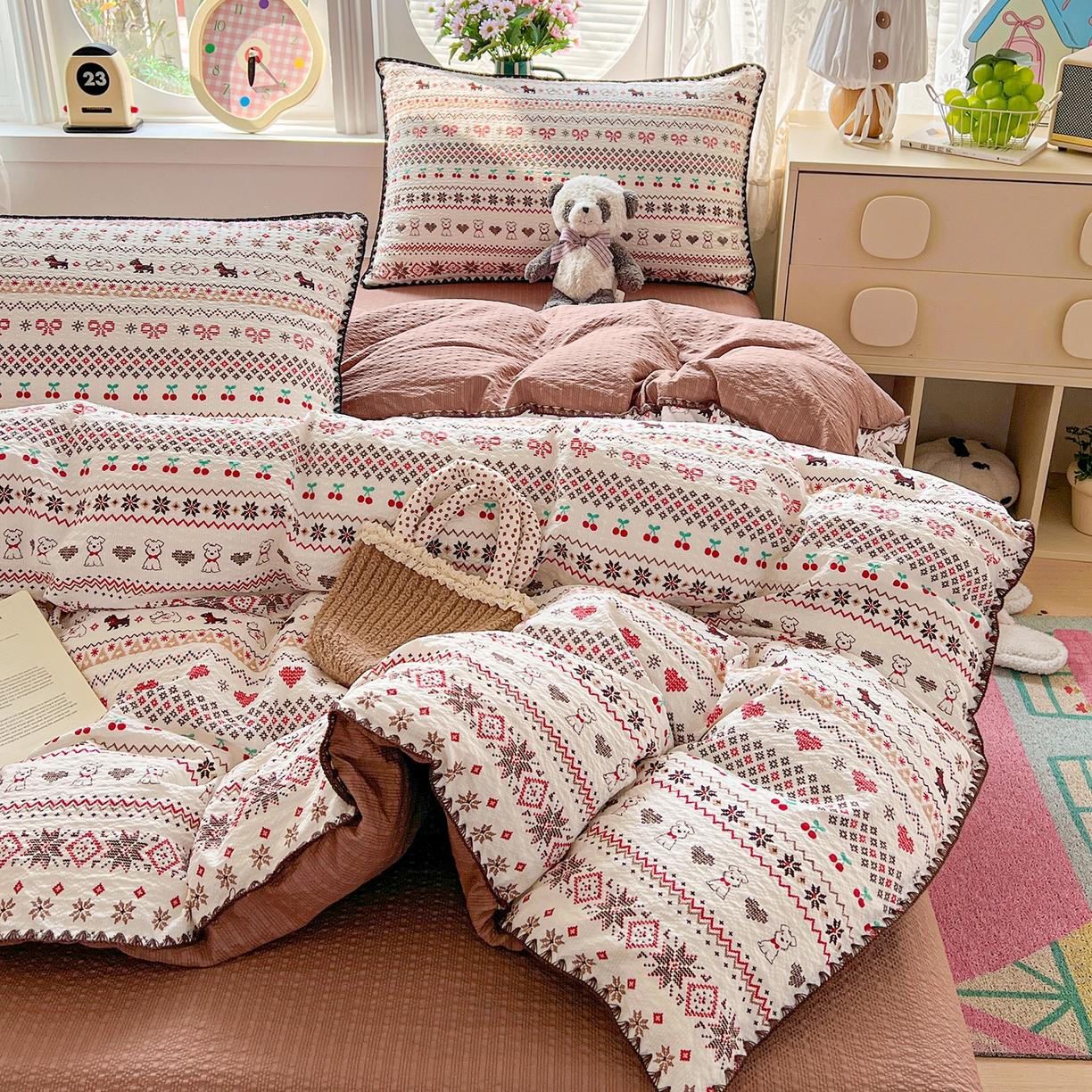 91家纺网 家纺一手货源 找家纺 恒尚居 2026新款泡芙纱四件套贝壳绣边床盖套件单被套床单床笠 【费尔岛小狗】贝壳边