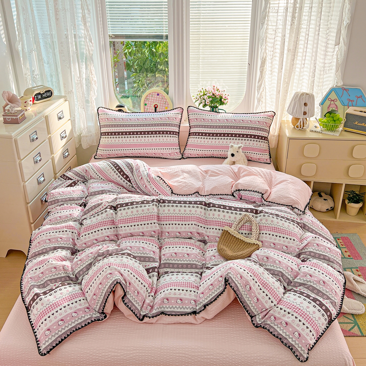 恒尚居 2026新款泡芙纱四件套贝壳绣边床盖套件单被套床单床笠 【粉糖泡泡猫】贝壳边