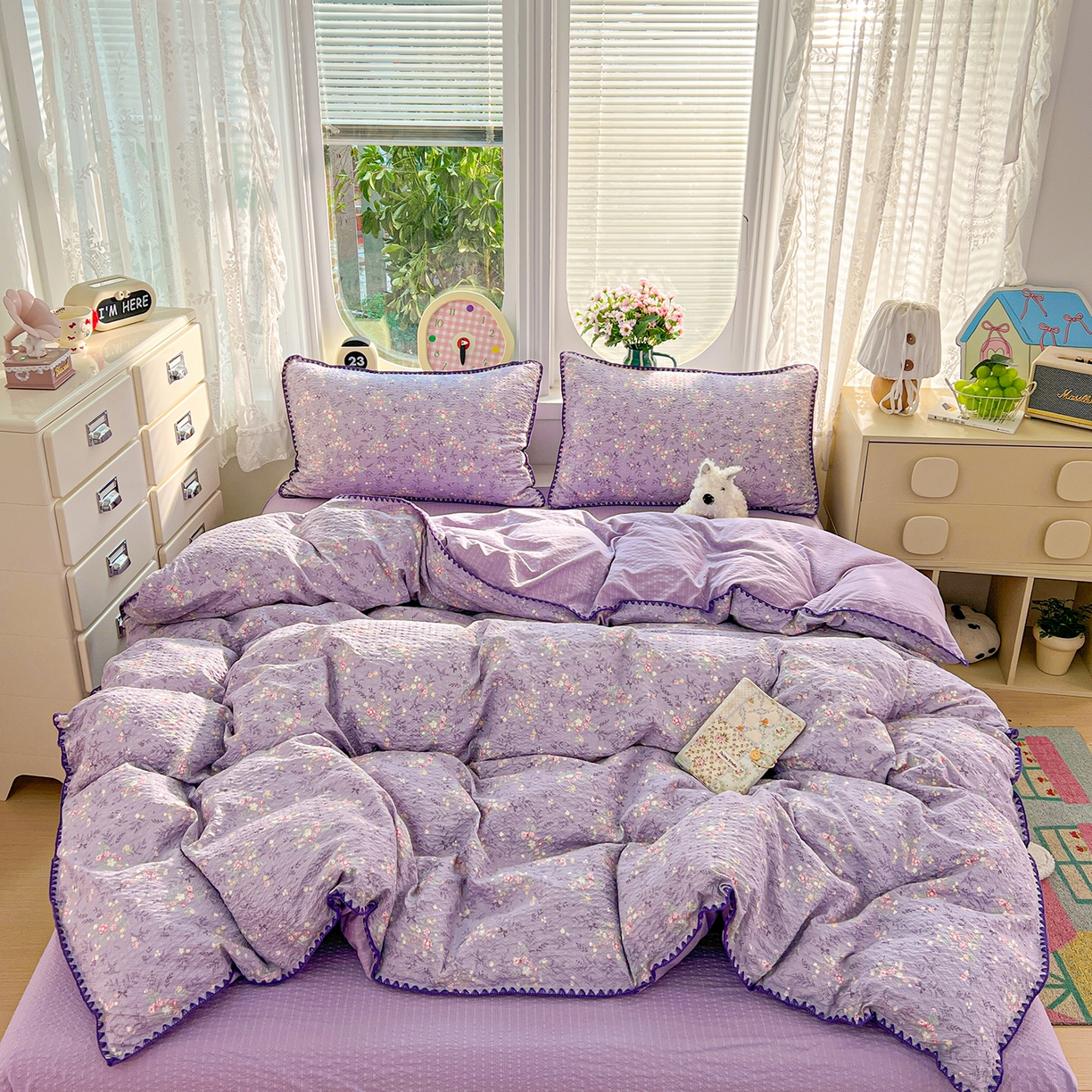恒尚居 2026新款泡芙纱四件套贝壳绣边床盖套件单被套床单床笠 【花间紫】贝壳边