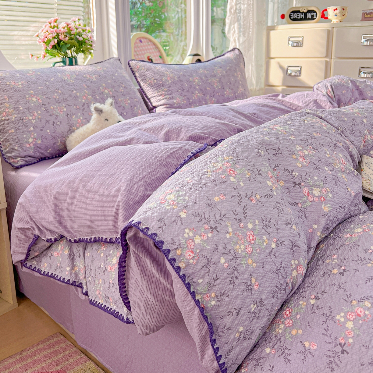 91家纺网 家纺一手货源 找家纺 恒尚居 2026新款泡芙纱四件套贝壳绣边床盖套件单被套床单床笠 【花间紫】贝壳边