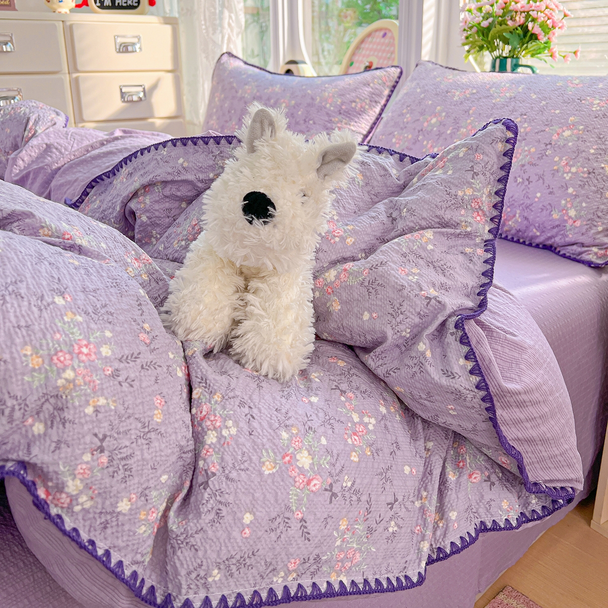 91家纺网 家纺一手货源 找家纺 恒尚居 2026新款泡芙纱四件套贝壳绣边床盖套件单被套床单床笠 【花间紫】贝壳边