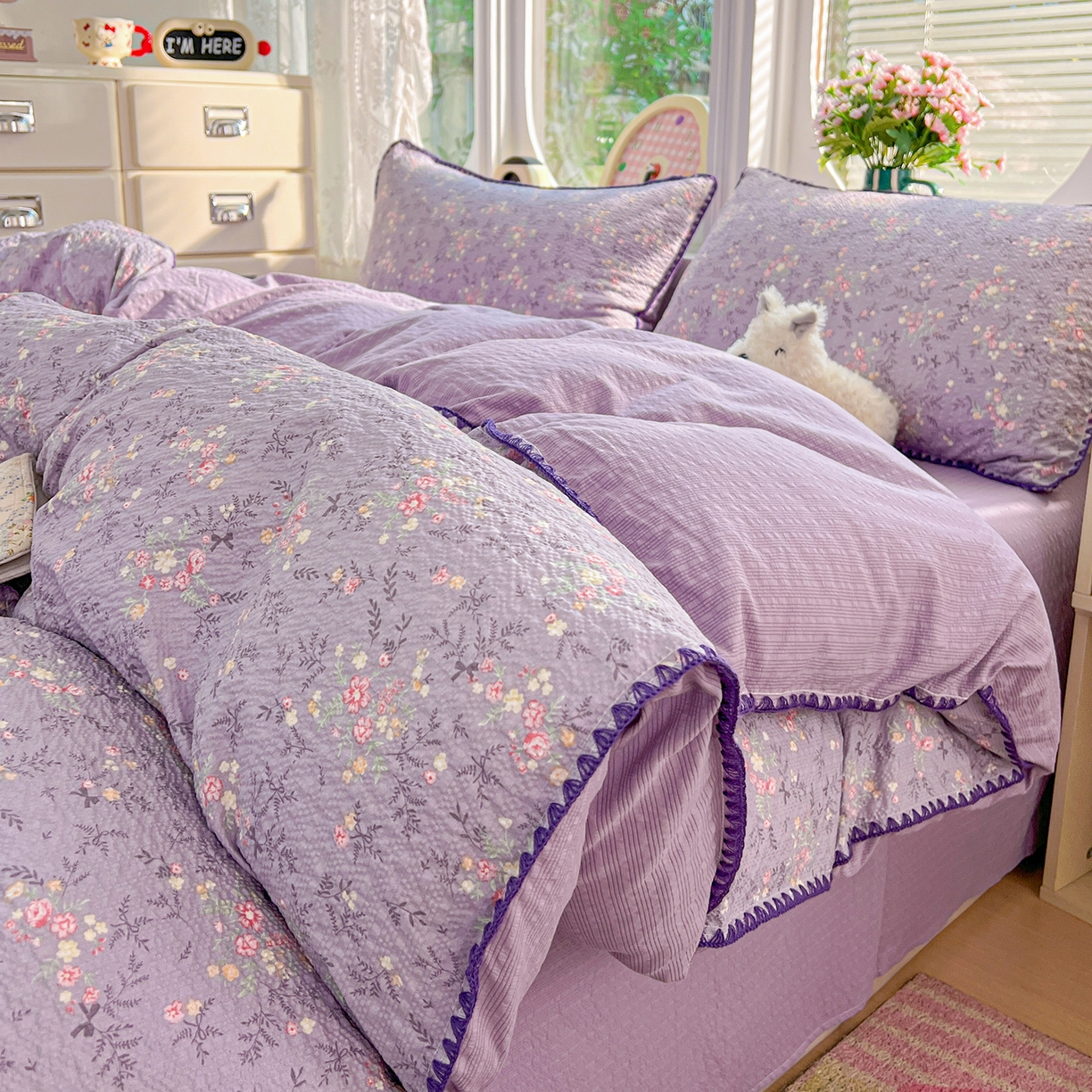 91家纺网 家纺一手货源 找家纺 恒尚居 2026新款泡芙纱四件套贝壳绣边床盖套件单被套床单床笠 【花间紫】贝壳边