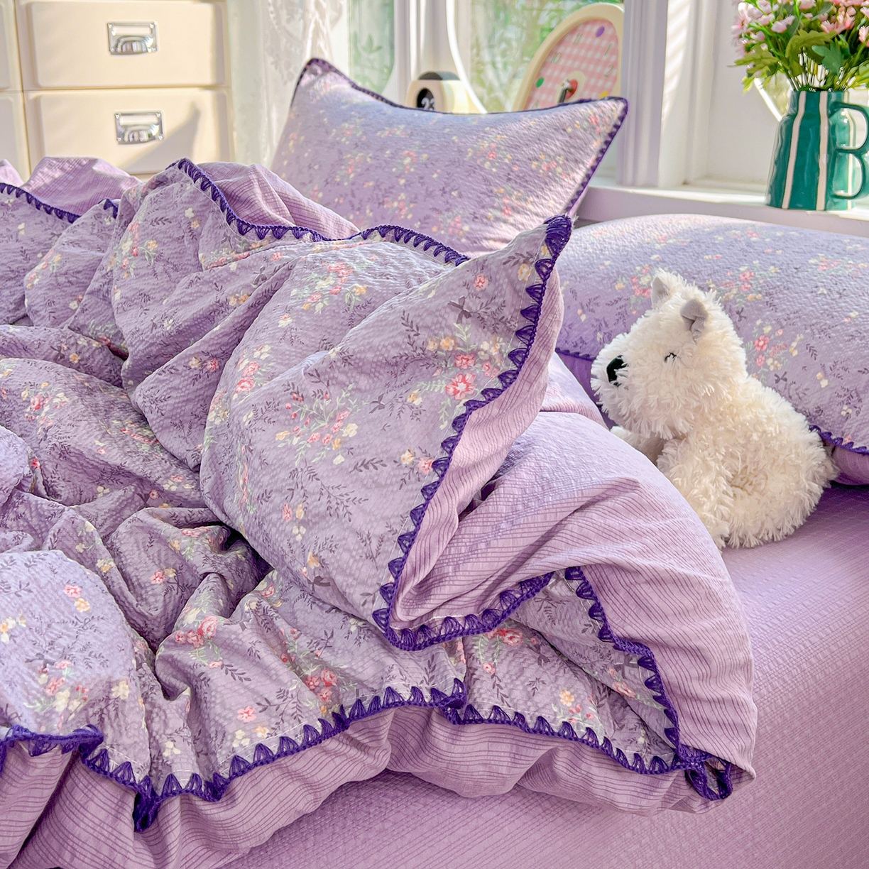 91家纺网 家纺一手货源 找家纺 恒尚居 2026新款泡芙纱四件套贝壳绣边床盖套件单被套床单床笠 【花间紫】贝壳边