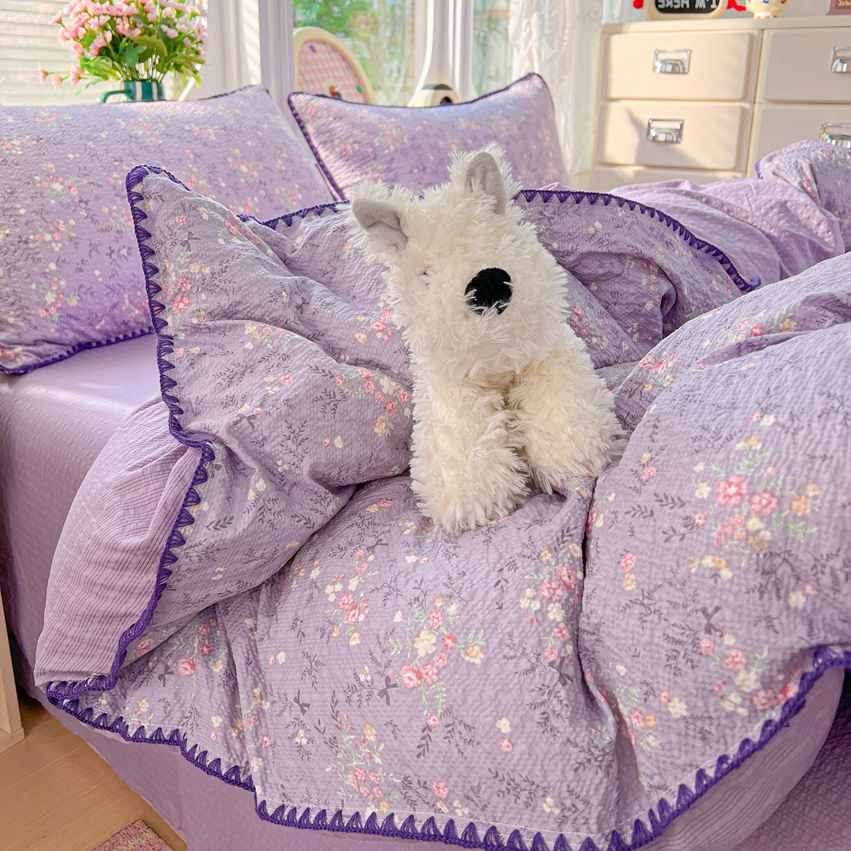 91家纺网 家纺一手货源 找家纺 恒尚居 2026新款泡芙纱四件套贝壳绣边床盖套件单被套床单床笠 【花间紫】贝壳边