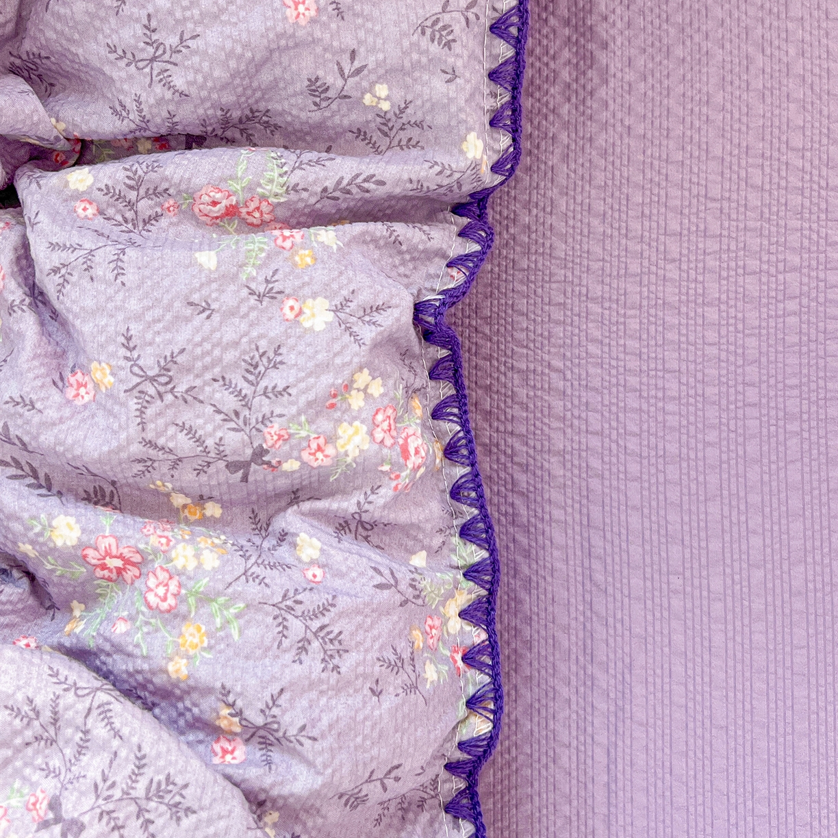 91家纺网 家纺一手货源 找家纺 恒尚居 2026新款泡芙纱四件套贝壳绣边床盖套件单被套床单床笠 【花间紫】贝壳边