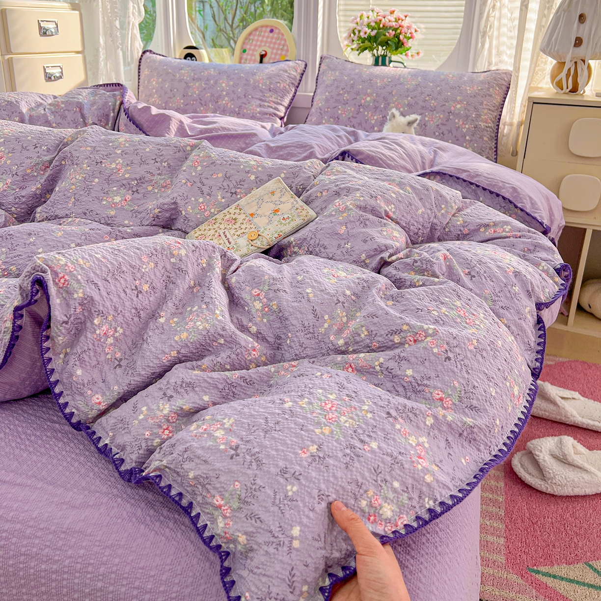 91家纺网 家纺一手货源 找家纺 恒尚居 2026新款泡芙纱四件套贝壳绣边床盖套件单被套床单床笠 【花间紫】贝壳边