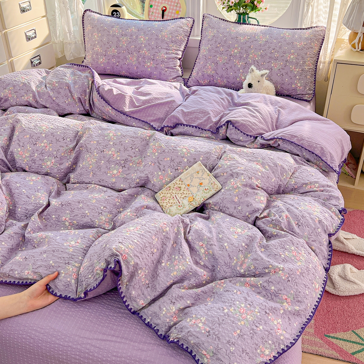 91家纺网 家纺一手货源 找家纺 恒尚居 2026新款泡芙纱四件套贝壳绣边床盖套件单被套床单床笠 【花间紫】贝壳边