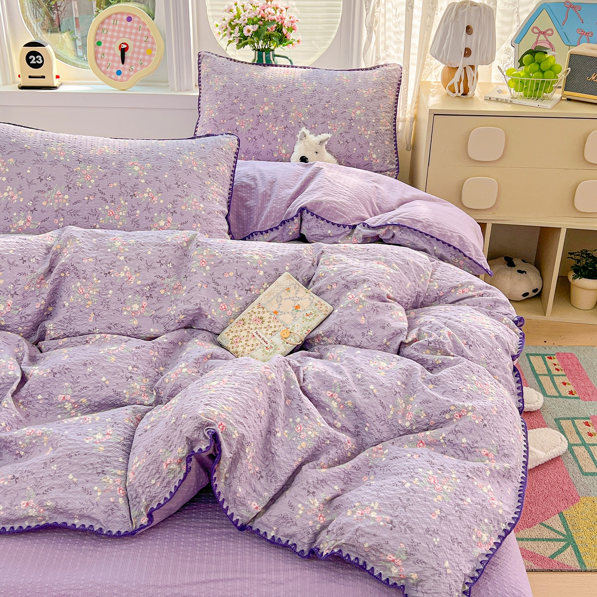 91家纺网 家纺一手货源 找家纺 恒尚居 2026新款泡芙纱四件套贝壳绣边床盖套件单被套床单床笠 【花间紫】贝壳边