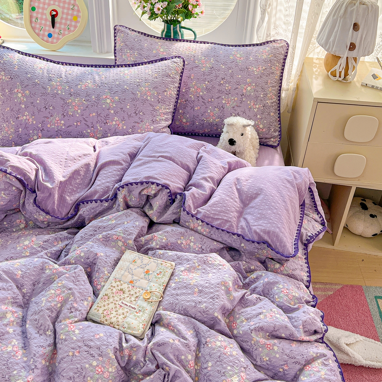 91家纺网 家纺一手货源 找家纺 恒尚居 2026新款泡芙纱四件套贝壳绣边床盖套件单被套床单床笠 【花间紫】贝壳边