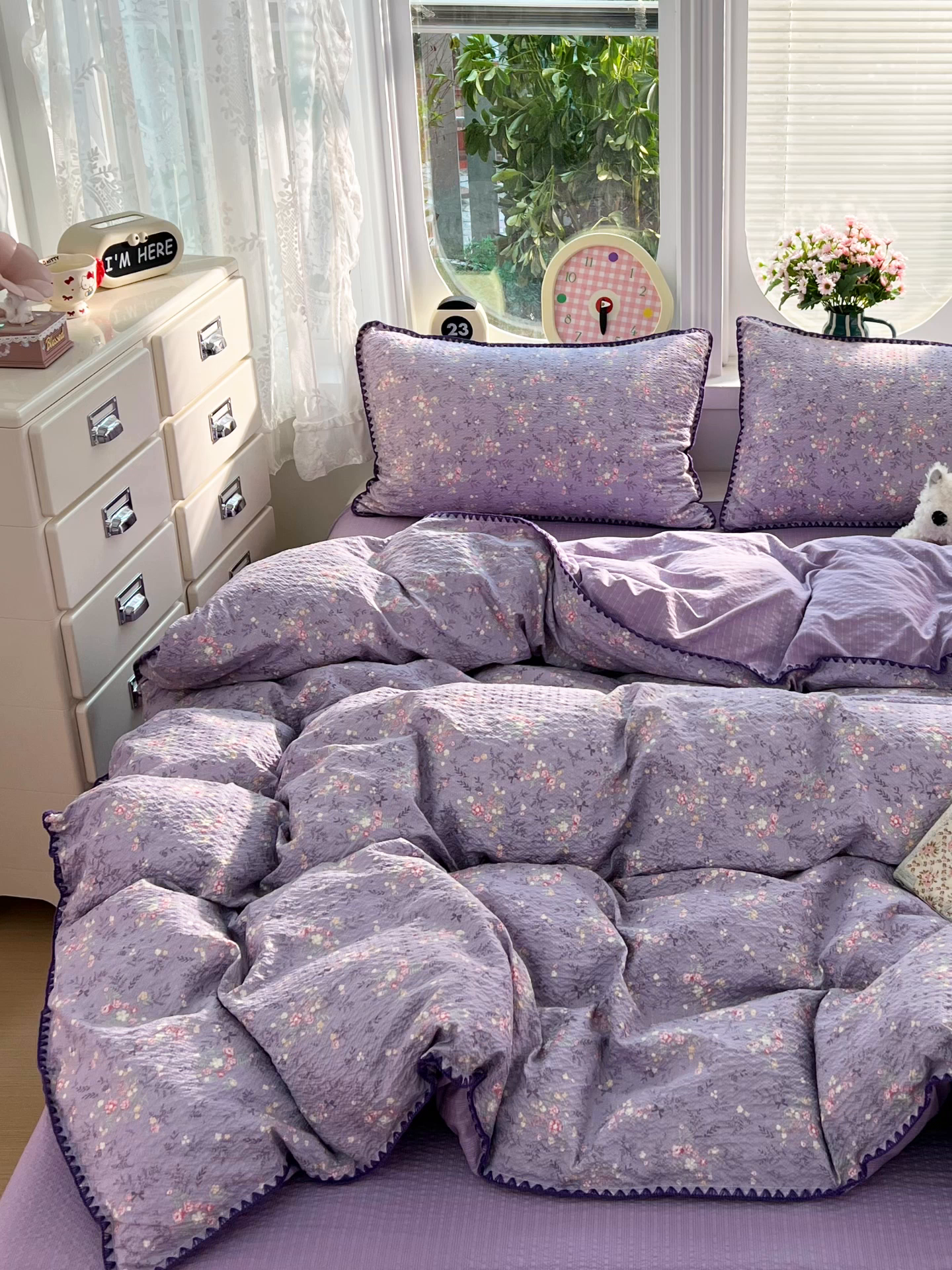 91家纺网 家纺一手货源 找家纺 恒尚居 2026新款泡芙纱四件套贝壳绣边床盖套件单被套床单床笠 【花间紫】贝壳边