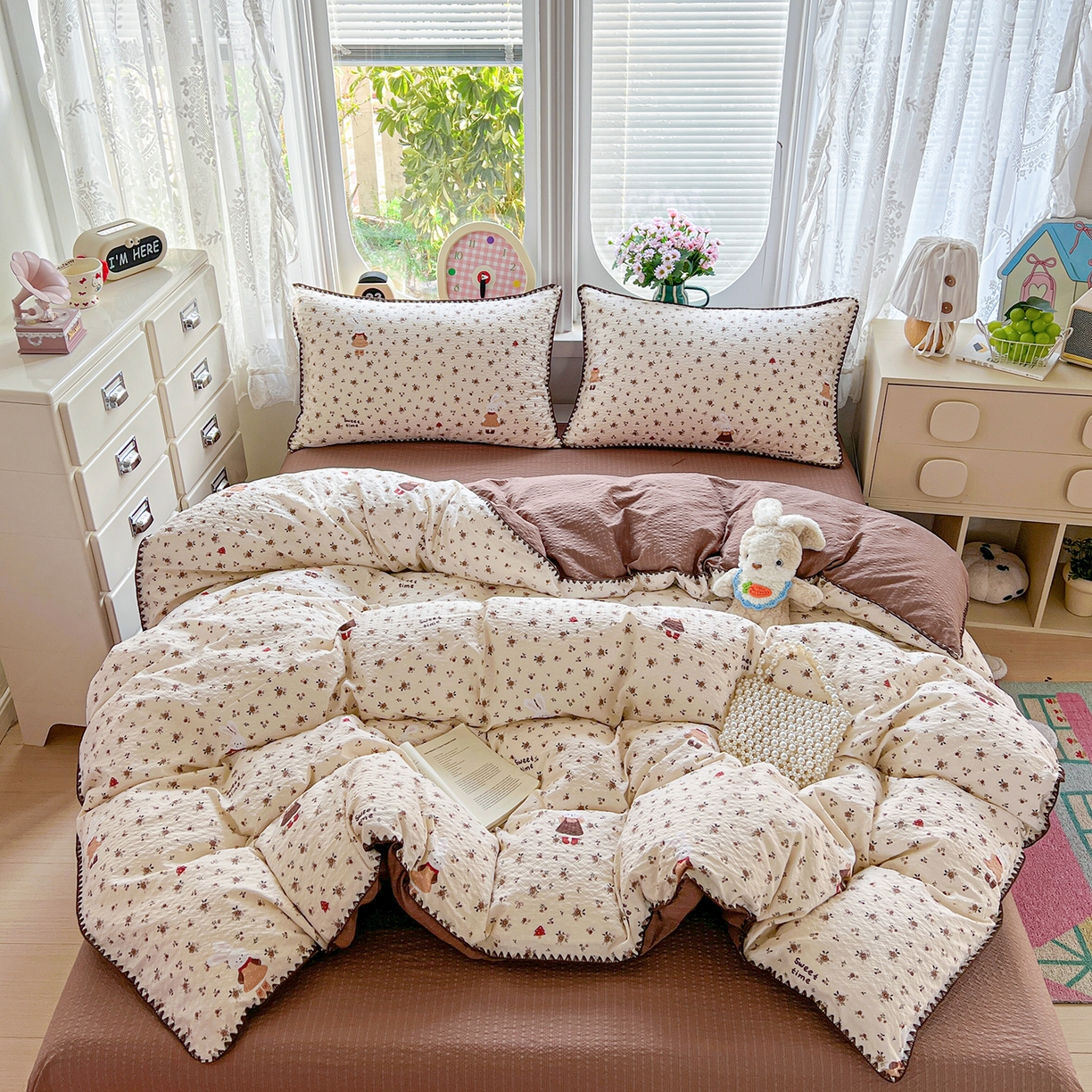 恒尚居 2026新款泡芙纱四件套贝壳绣边床盖套件单被套床单床笠 【花雨小兔】贝壳边