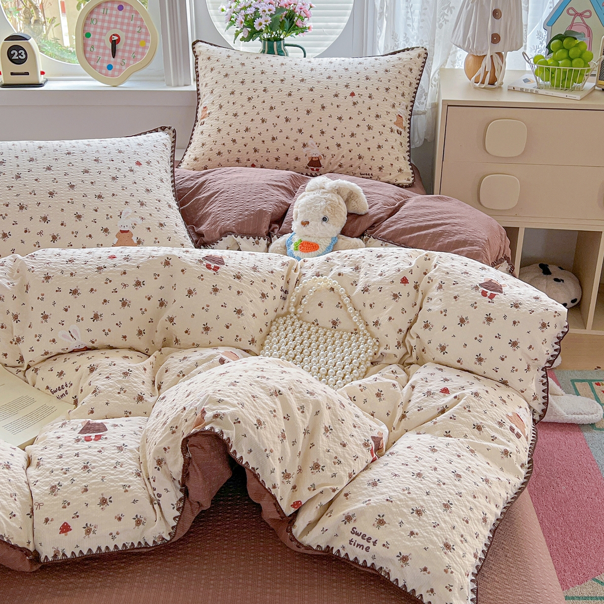 91家纺网 家纺一手货源 找家纺 恒尚居 2026新款泡芙纱四件套贝壳绣边床盖套件单被套床单床笠 【花雨小兔】贝壳边