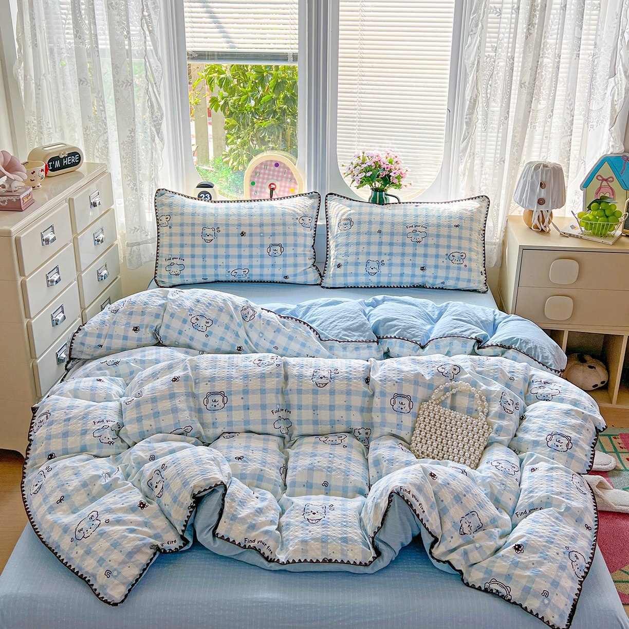 恒尚居 2026新款泡芙纱四件套贝壳绣边床盖套件单被套床单床笠 【兰格奶狗】贝壳边