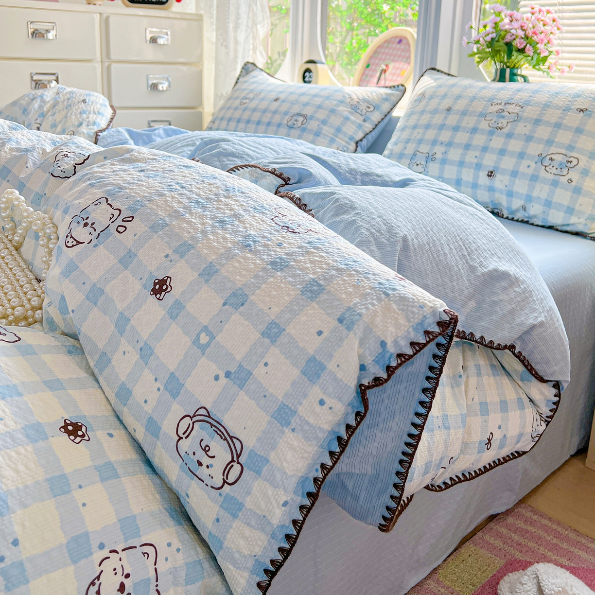 91家纺网 家纺一手货源 找家纺 恒尚居 2026新款泡芙纱四件套贝壳绣边床盖套件单被套床单床笠 【兰格奶狗】贝壳边