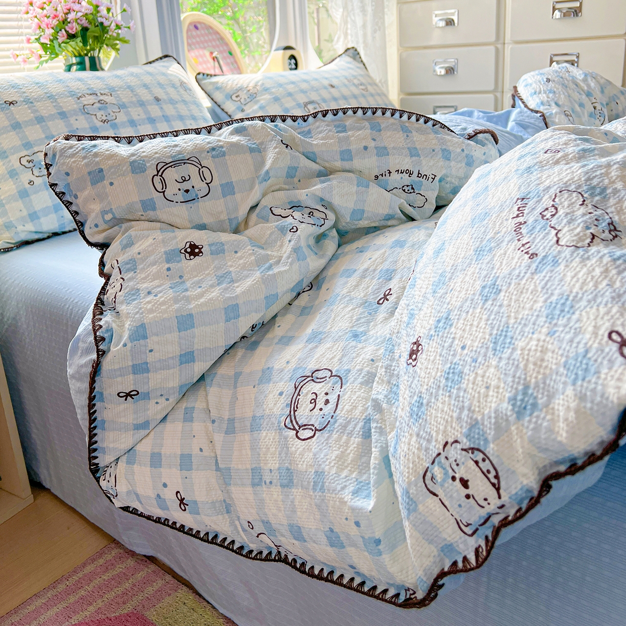 91家纺网 家纺一手货源 找家纺 恒尚居 2026新款泡芙纱四件套贝壳绣边床盖套件单被套床单床笠 【兰格奶狗】贝壳边