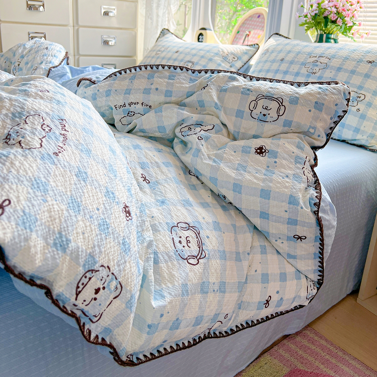 91家纺网 家纺一手货源 找家纺 恒尚居 2026新款泡芙纱四件套贝壳绣边床盖套件单被套床单床笠 【兰格奶狗】贝壳边