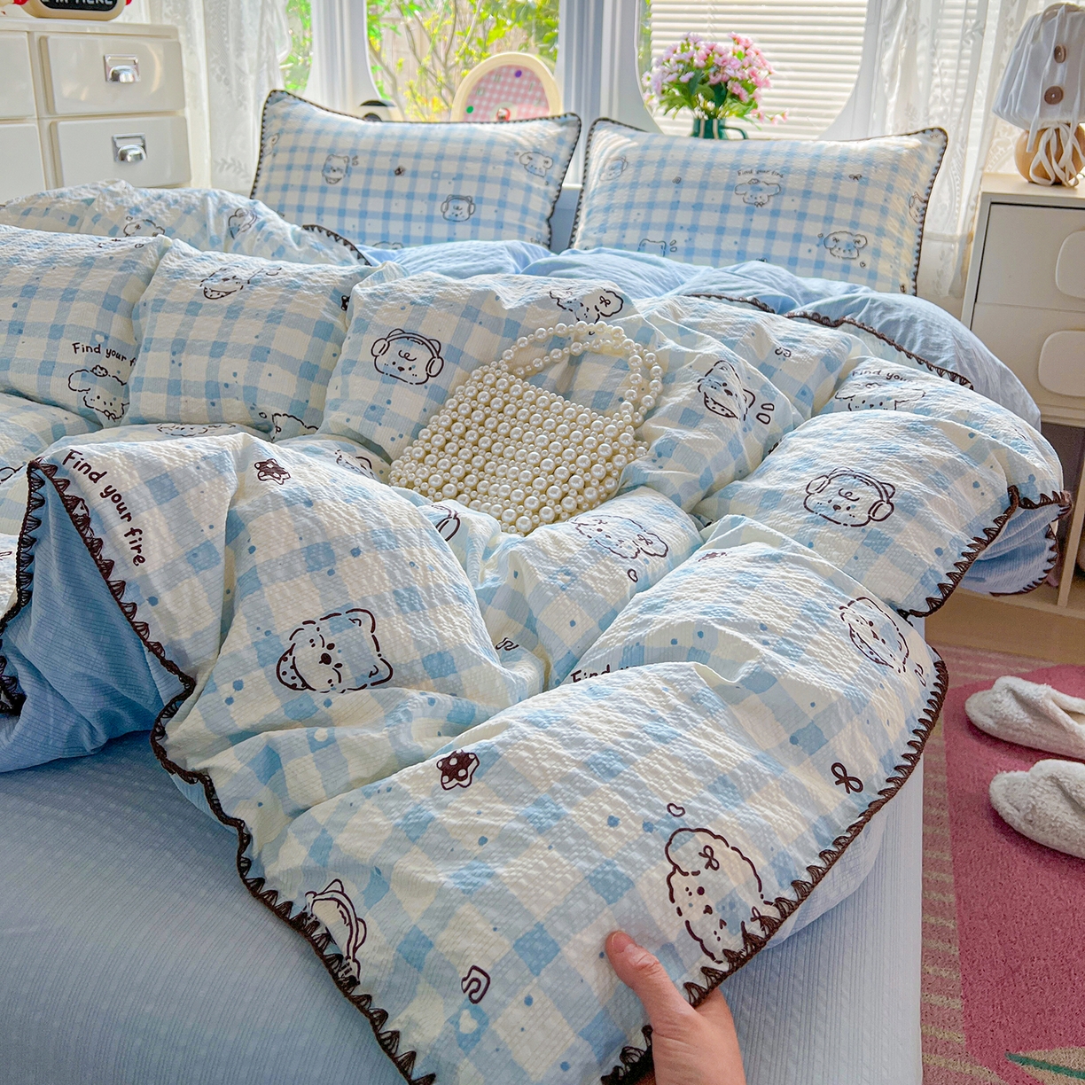 91家纺网 家纺一手货源 找家纺 恒尚居 2026新款泡芙纱四件套贝壳绣边床盖套件单被套床单床笠 【兰格奶狗】贝壳边