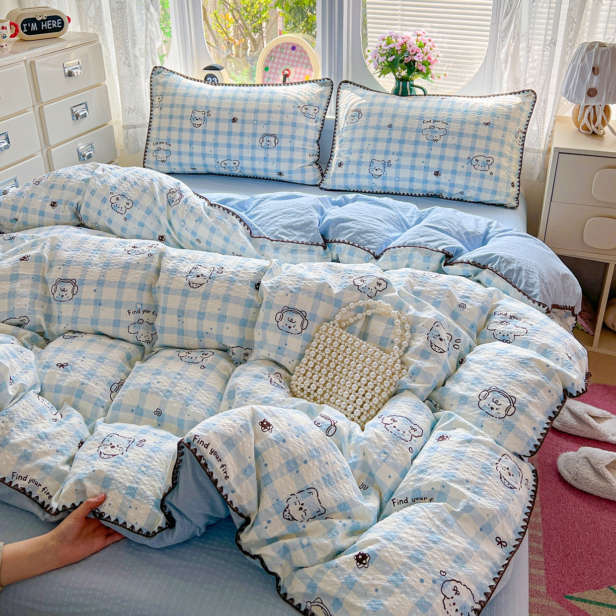 91家纺网 家纺一手货源 找家纺 恒尚居 2026新款泡芙纱四件套贝壳绣边床盖套件单被套床单床笠 【兰格奶狗】贝壳边