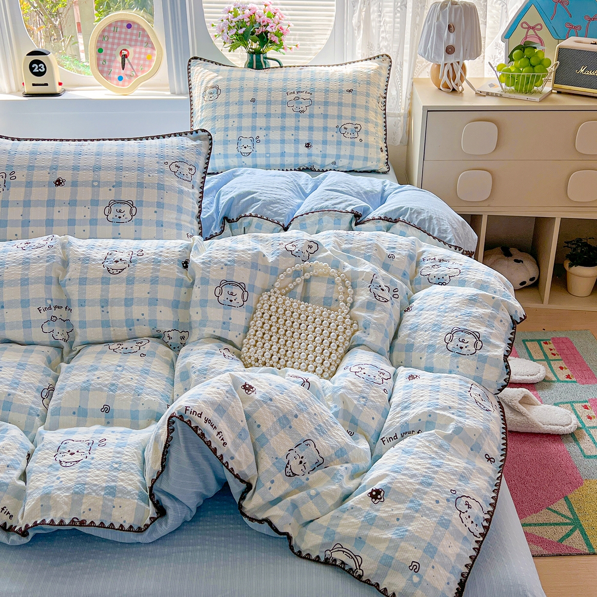 91家纺网 家纺一手货源 找家纺 恒尚居 2026新款泡芙纱四件套贝壳绣边床盖套件单被套床单床笠 【兰格奶狗】贝壳边