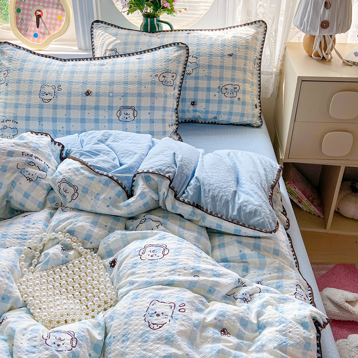 91家纺网 家纺一手货源 找家纺 恒尚居 2026新款泡芙纱四件套贝壳绣边床盖套件单被套床单床笠 【兰格奶狗】贝壳边