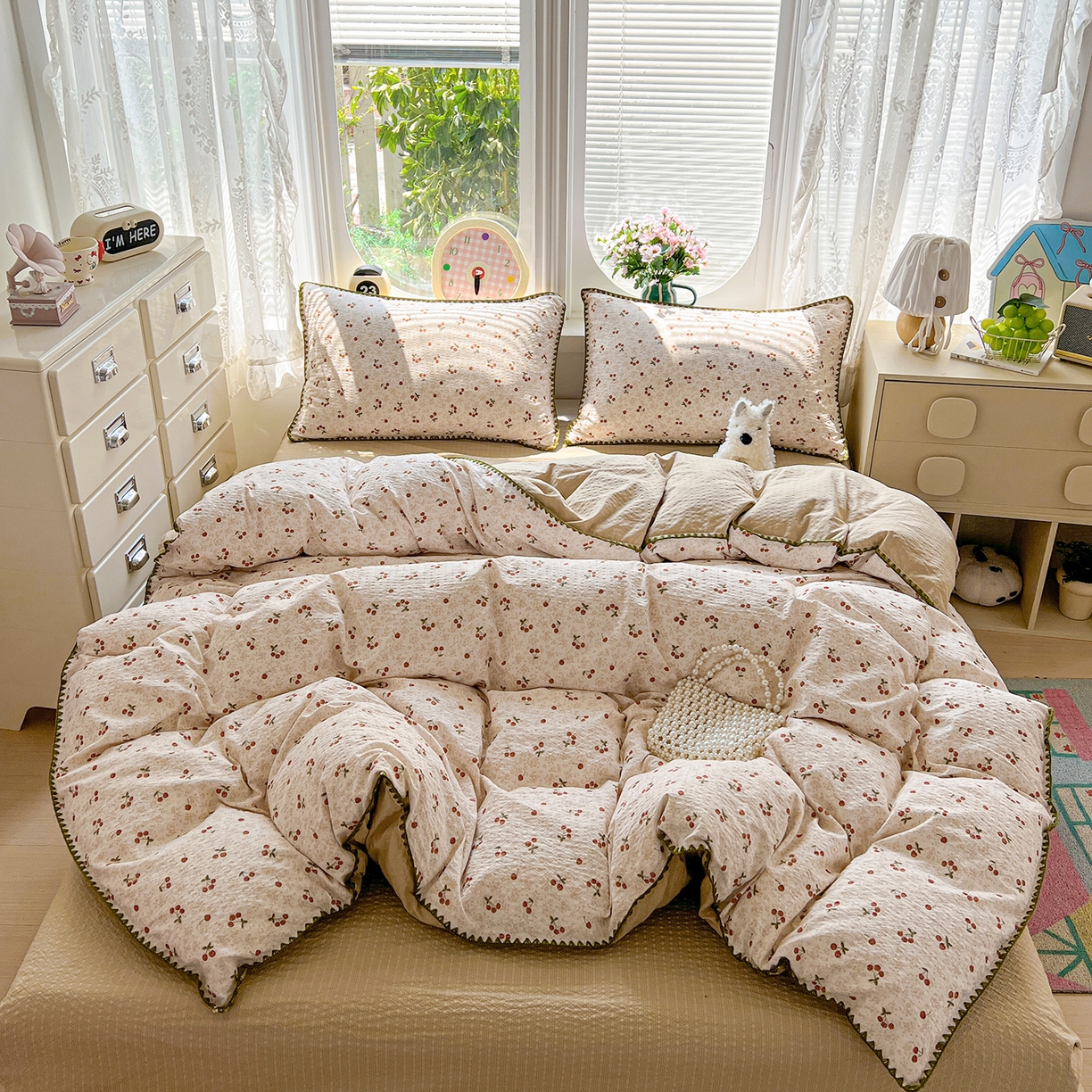 恒尚居 2026新款泡芙纱四件套贝壳绣边床盖套件单被套床单床笠 【满地樱桃】贝壳边