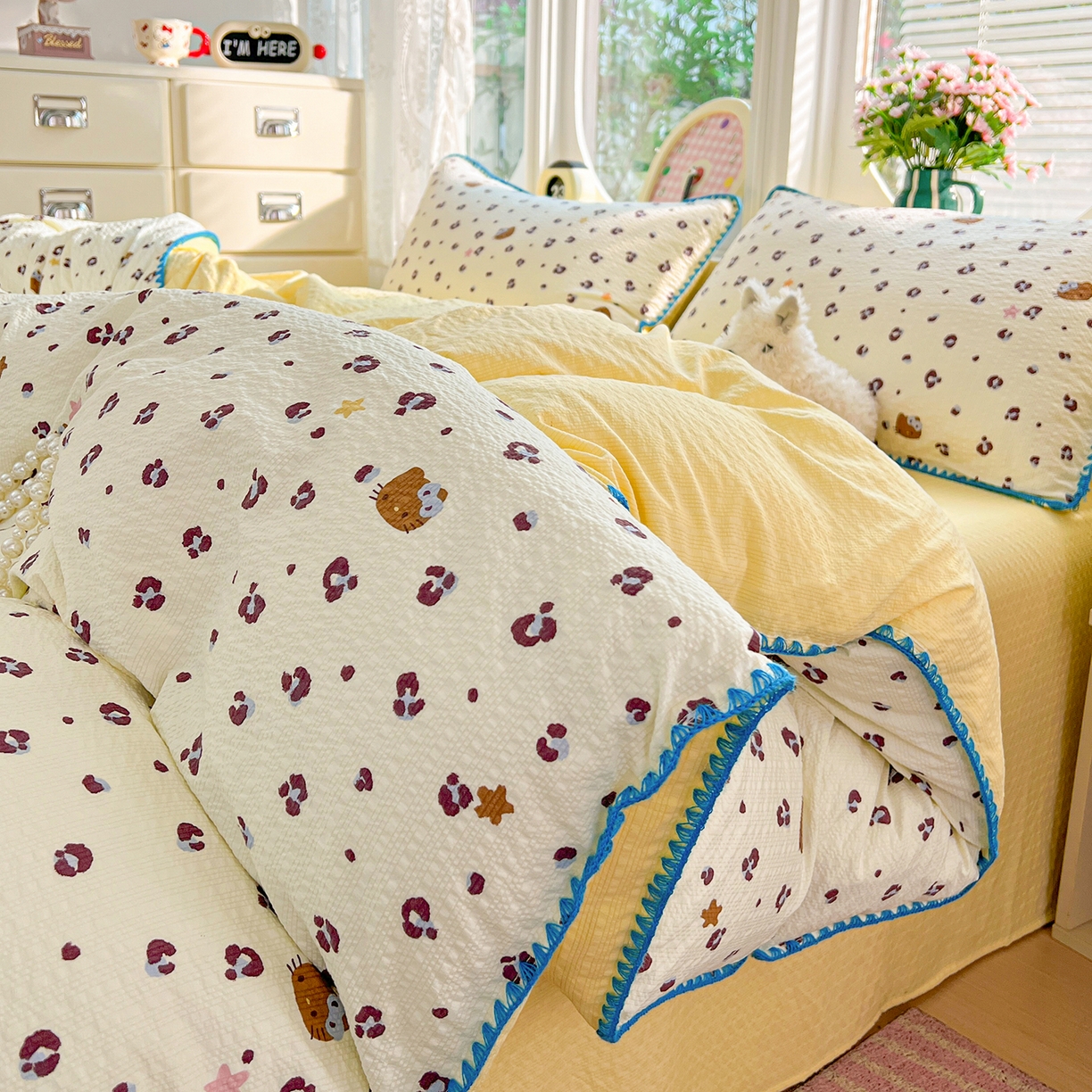 91家纺网 家纺一手货源 找家纺 恒尚居 2026新款泡芙纱四件套贝壳绣边床盖套件单被套床单床笠 【奶呼小猫】贝壳边