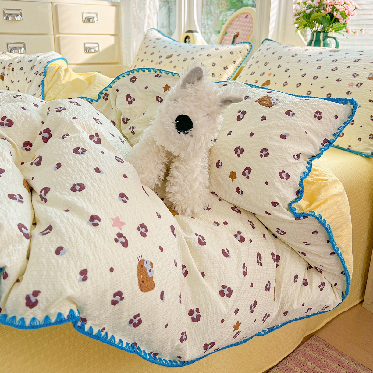 91家纺网 家纺一手货源 找家纺 恒尚居 2026新款泡芙纱四件套贝壳绣边床盖套件单被套床单床笠 【奶呼小猫】贝壳边