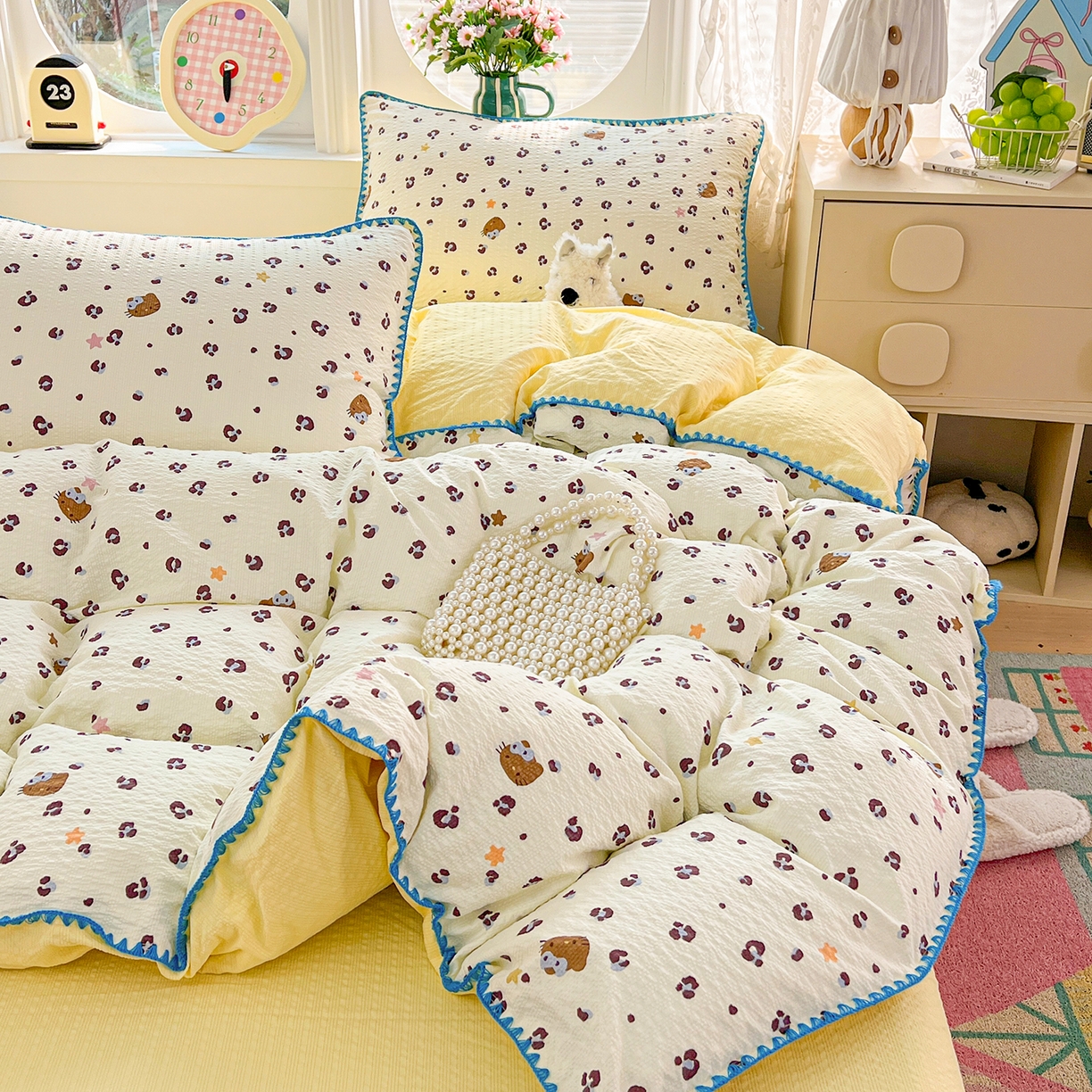 91家纺网 家纺一手货源 找家纺 恒尚居 2026新款泡芙纱四件套贝壳绣边床盖套件单被套床单床笠 【奶呼小猫】贝壳边