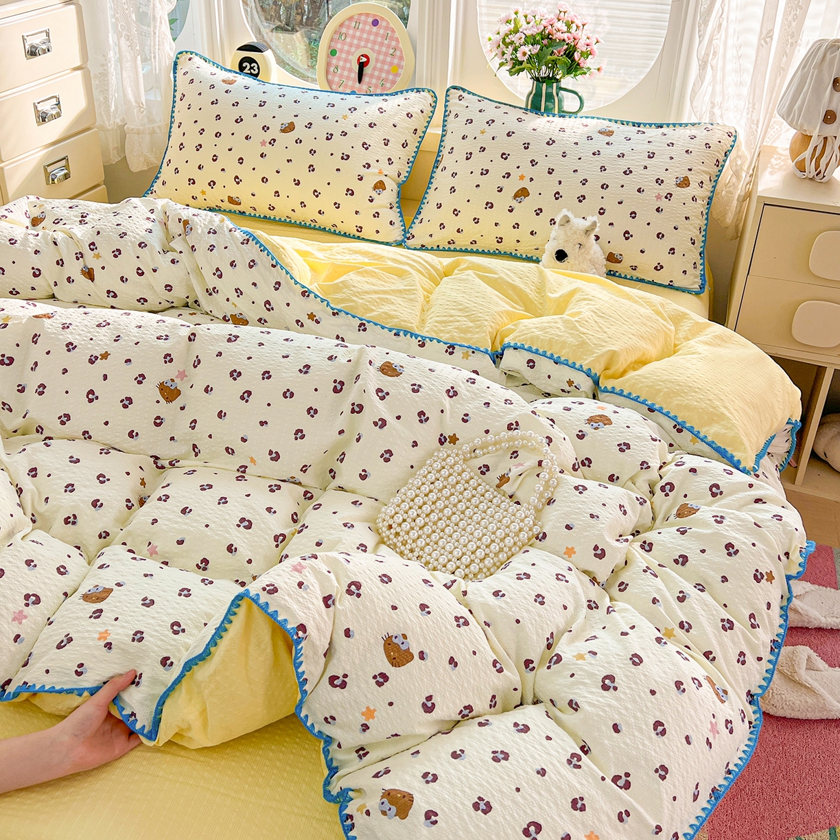 91家纺网 家纺一手货源 找家纺 恒尚居 2026新款泡芙纱四件套贝壳绣边床盖套件单被套床单床笠 【奶呼小猫】贝壳边