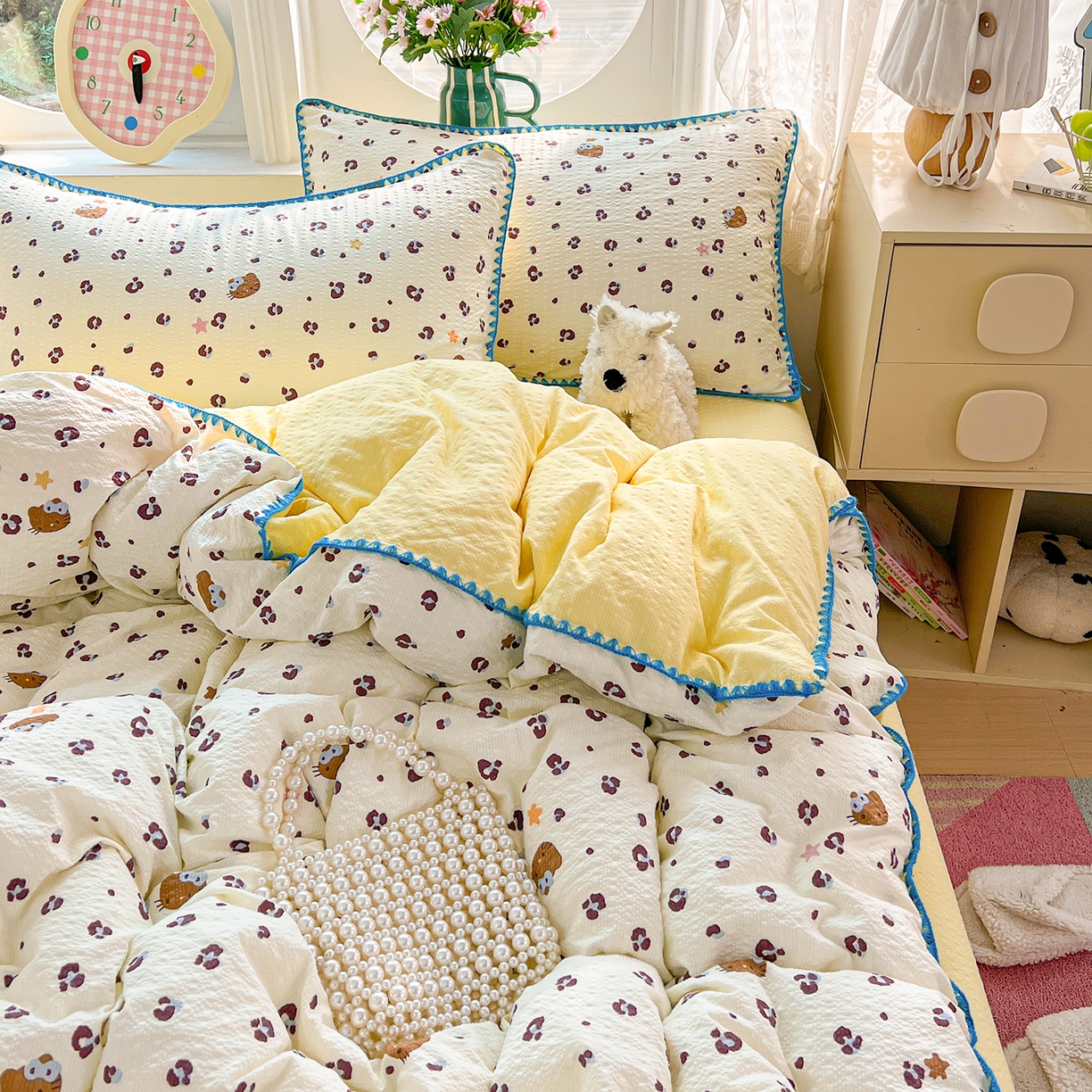 91家纺网 家纺一手货源 找家纺 恒尚居 2026新款泡芙纱四件套贝壳绣边床盖套件单被套床单床笠 【奶呼小猫】贝壳边