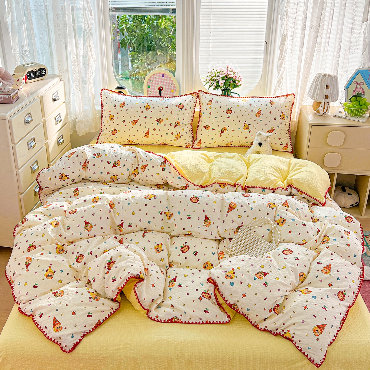 恒尚居 2026新款泡芙纱四件套贝壳绣边床盖套件单被套床单床笠 【奶黄星星人】贝壳边