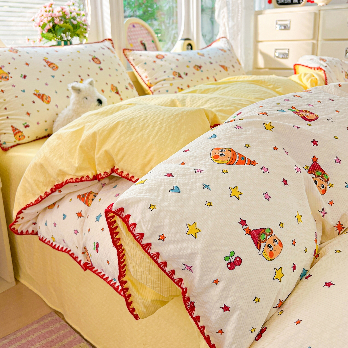 91家纺网 家纺一手货源 找家纺 恒尚居 2026新款泡芙纱四件套贝壳绣边床盖套件单被套床单床笠 【奶黄星星人】贝壳边