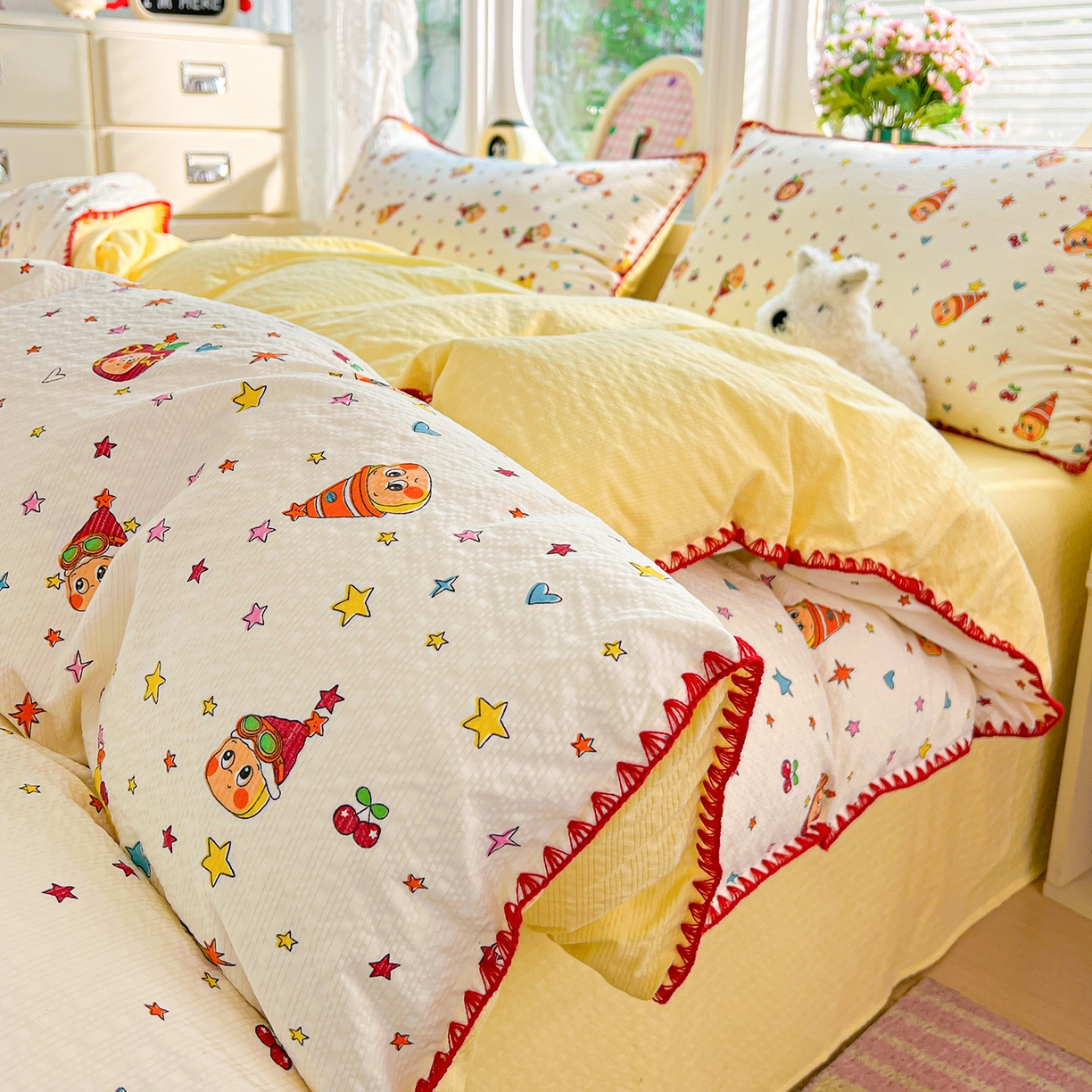 91家纺网 家纺一手货源 找家纺 恒尚居 2026新款泡芙纱四件套贝壳绣边床盖套件单被套床单床笠 【奶黄星星人】贝壳边