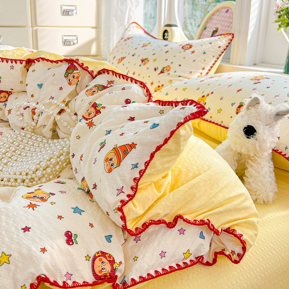 91家纺网 家纺一手货源 找家纺 恒尚居 2026新款泡芙纱四件套贝壳绣边床盖套件单被套床单床笠 【奶黄星星人】贝壳边