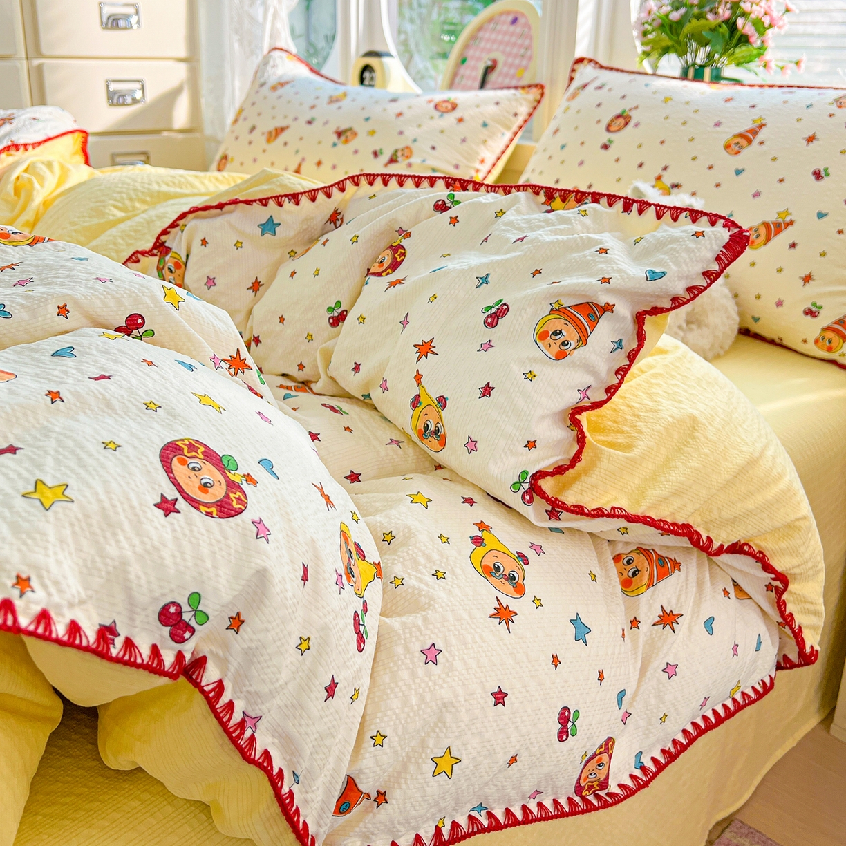 91家纺网 家纺一手货源 找家纺 恒尚居 2026新款泡芙纱四件套贝壳绣边床盖套件单被套床单床笠 【奶黄星星人】贝壳边