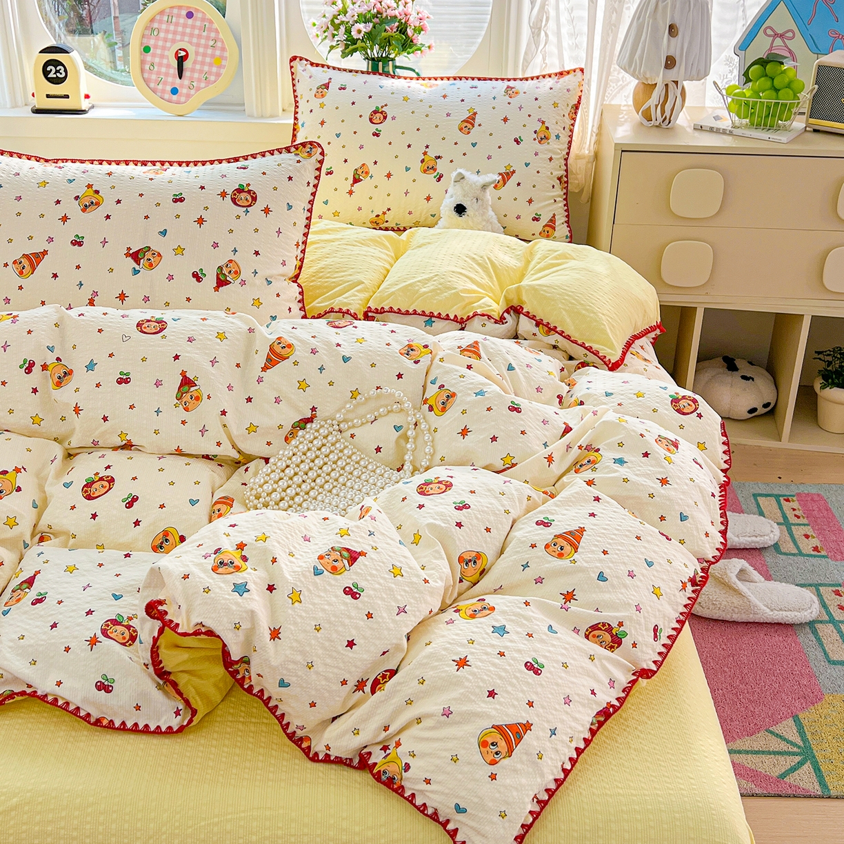 91家纺网 家纺一手货源 找家纺 恒尚居 2026新款泡芙纱四件套贝壳绣边床盖套件单被套床单床笠 【奶黄星星人】贝壳边