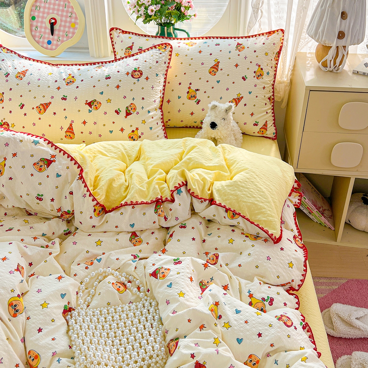 91家纺网 家纺一手货源 找家纺 恒尚居 2026新款泡芙纱四件套贝壳绣边床盖套件单被套床单床笠 【奶黄星星人】贝壳边