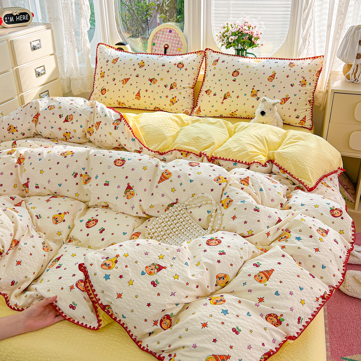 91家纺网 家纺一手货源 找家纺 恒尚居 2026新款泡芙纱四件套贝壳绣边床盖套件单被套床单床笠 【奶黄星星人】贝壳边