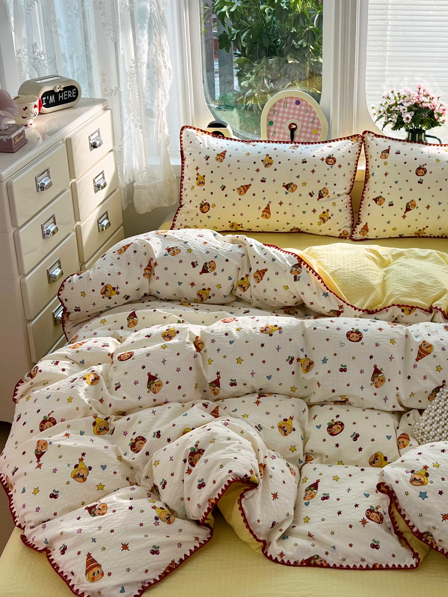 91家纺网 家纺一手货源 找家纺 恒尚居 2026新款泡芙纱四件套贝壳绣边床盖套件单被套床单床笠 【奶黄星星人】贝壳边